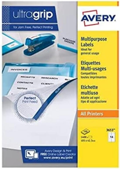 Avery 3653 self-Adhesive Multipurpose/Copier Labels, White,14 Labels per A4 Sheet, 100 Sheets