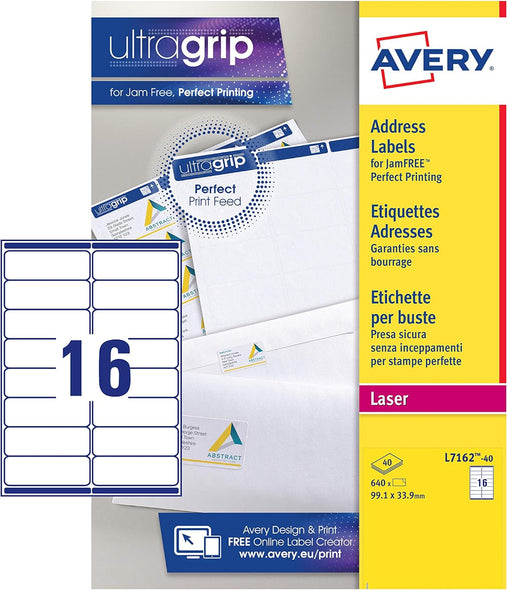 Avery Self Adhesive Address Mailing Labels, Laser Printers,16 Labels Per A4 Sheet, 640 Labels, UltraGrip (L7162), White, 40 Sheets