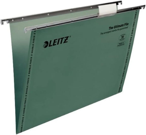 Leitz Ultimate Clenched Bar Suspension File, Foolscap, V-Base, Pack of 50, Tabs Included, Green, Ultimate Range, 17440055
