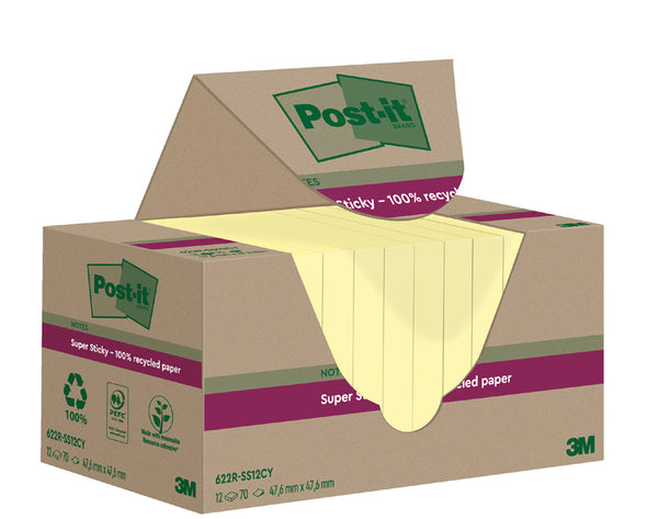 Post-it Super Sticky 100% Recycled Notes, Pack of 14+4 Free Pads, 70 Sheets per Pad, 76 mm x 76 mm, Canary Yellow