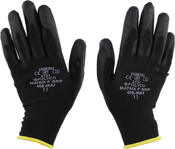 12 Pairs - POLYCO Matrix P Grip - Black PU Gloves Size 11 XX Large Gardening Work Mechanic Builders PPE Grip