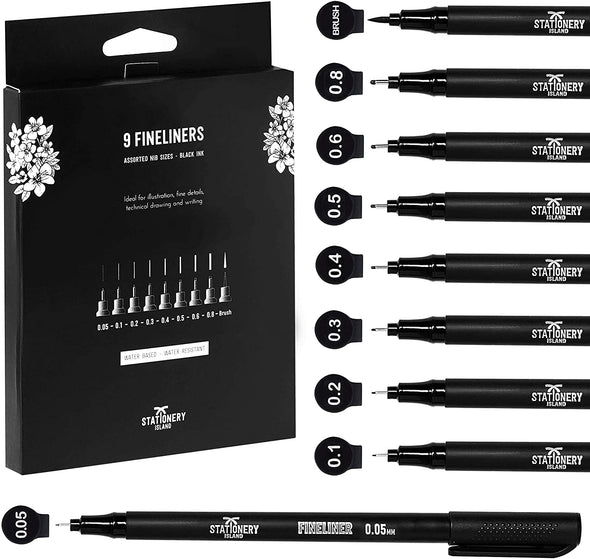 Black Fineliner Drawing and Sketching Pens - Set of 9