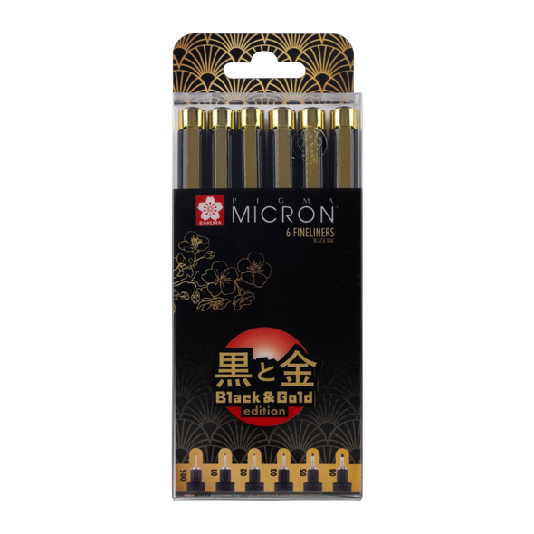 Limited Edition - Sakura Pigma Micron Black & Gold  Wallet of 6 Black Fineliners (Series 005-01-02-03-05-08)