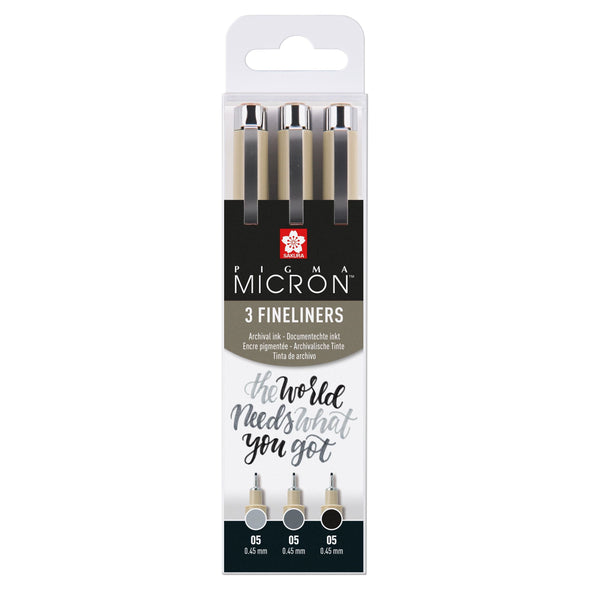 Pigma Micron 05 fineliner set | 3 pens, black & gray